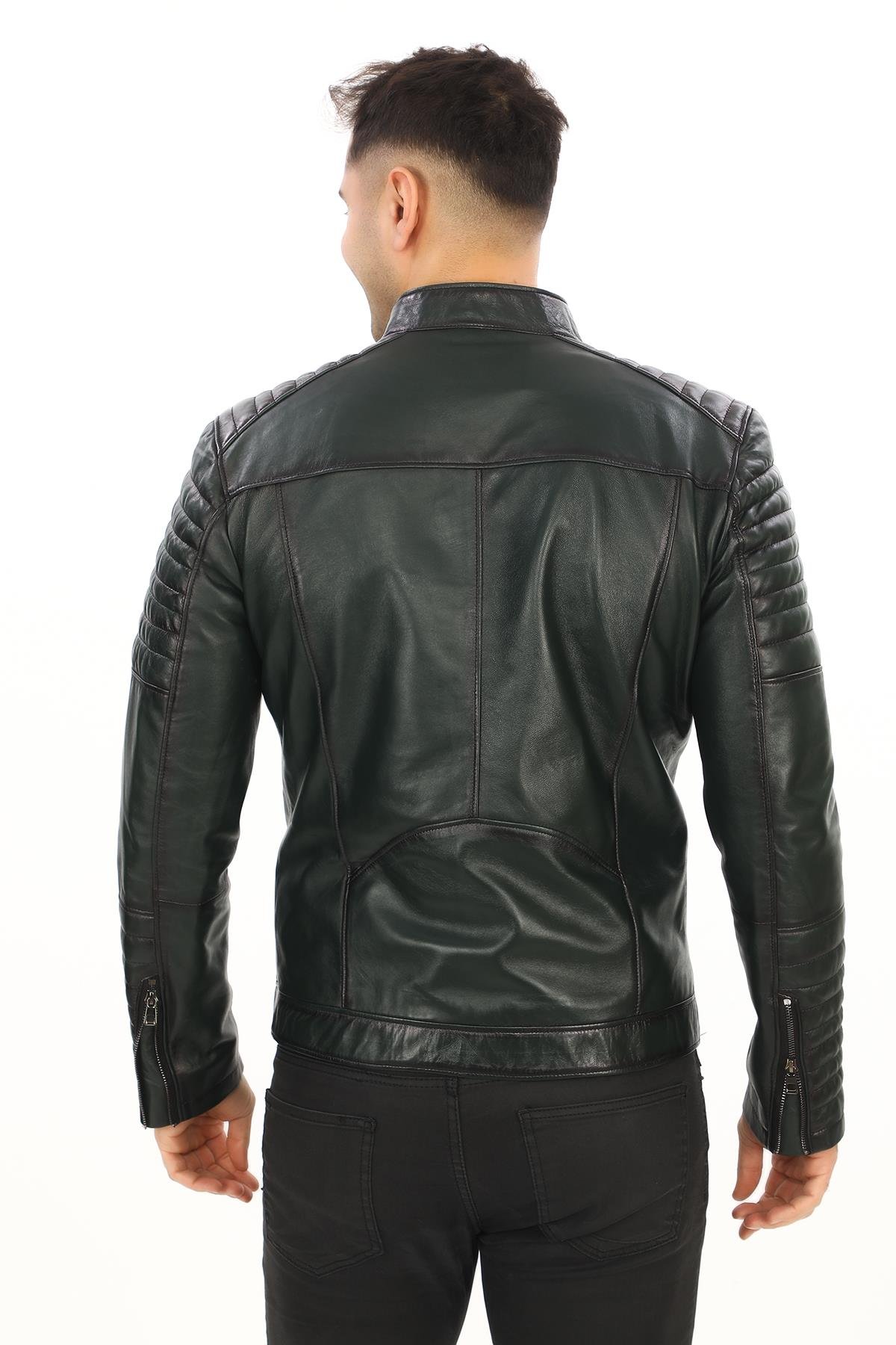 Yeşil Renk Spor Kesim Deri Mont Kolu Fermuarlı