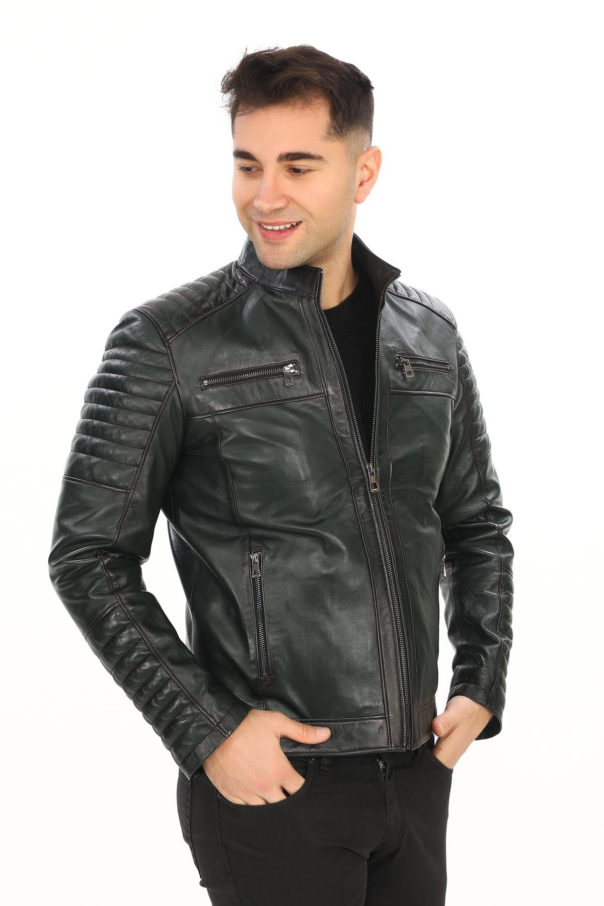 Yeşil Renk Spor Kesim Deri Mont Kolu Fermuarlı