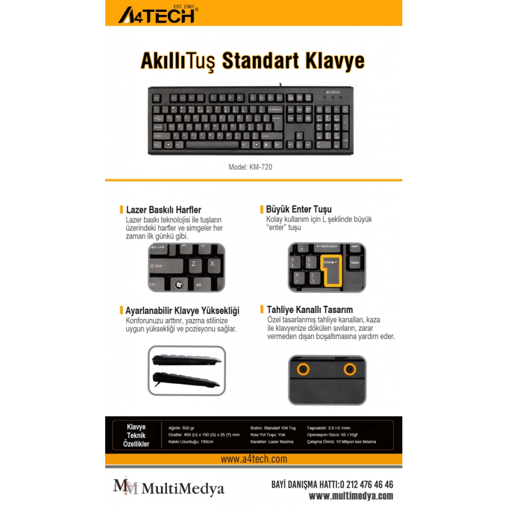 A4 TECH KM-720, Siyah, USB Kablolu, Türkçe Q, Multimedya KLAVYE