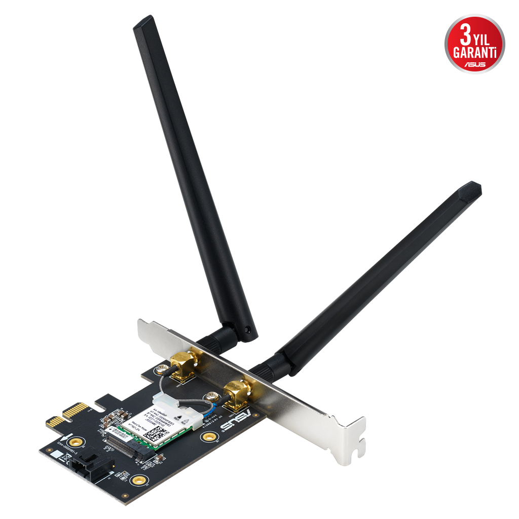 ASUS PCE-BE6500, BE6500, 2xAnten, 6500Mbps, Tri-Bant, 6GHz WİFİ 7, Bluetooth v5.4, WPA3, PCI-Express x1, PCIe Adapter