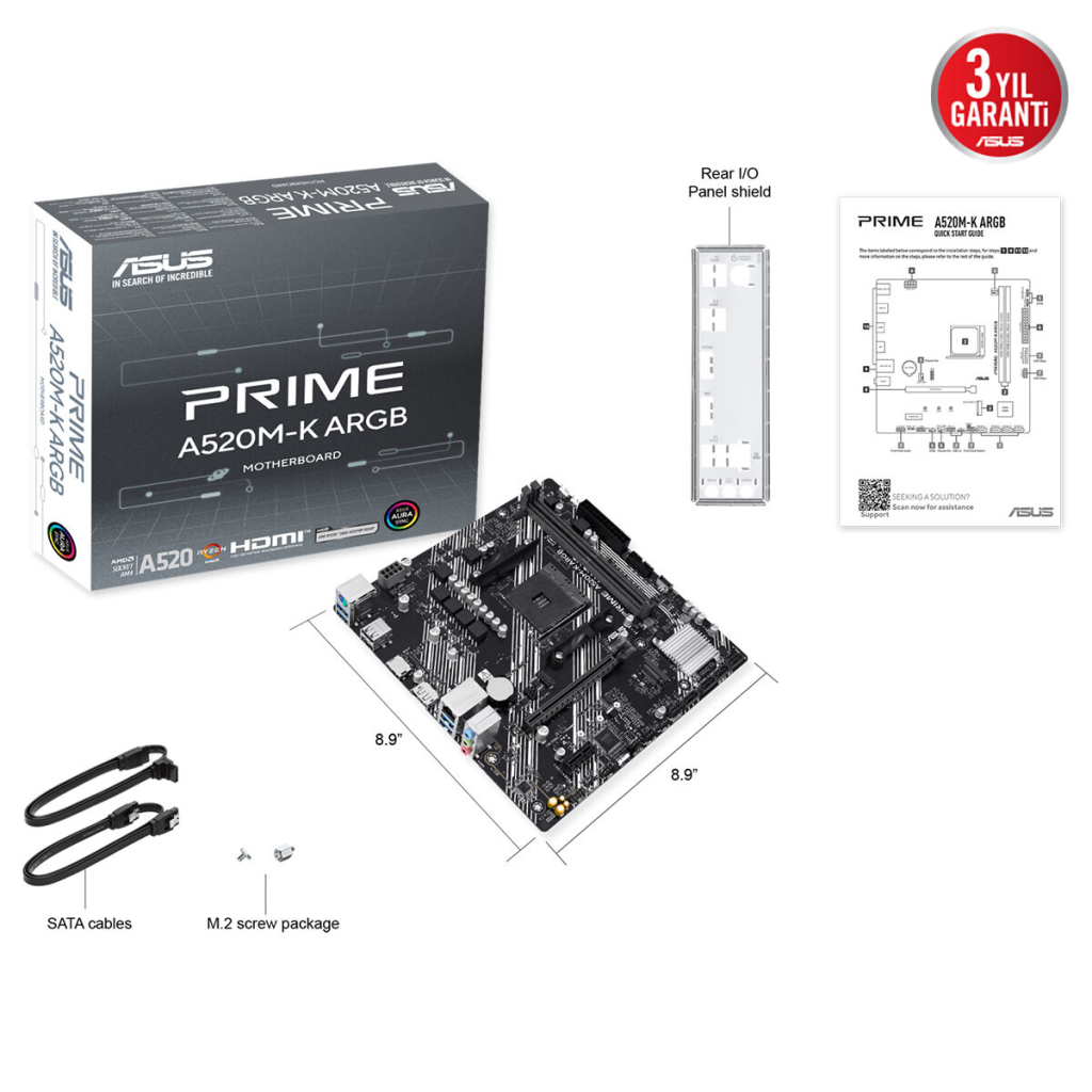 ASUS PRIME A520M-K ARGB, 2xDDR4, 1x M.2, DP, HDMI, AM4 Soket Anakart