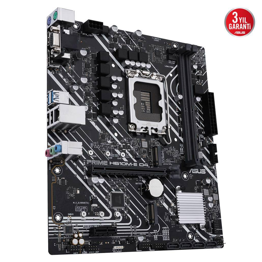 ASUS PRIME H610M-E D4-CSM, 2xDDR4, 2x M.2, D-SUB, HDMI, DP, 12-13.14.Nesil, LGA1700 Soket, Anakart
