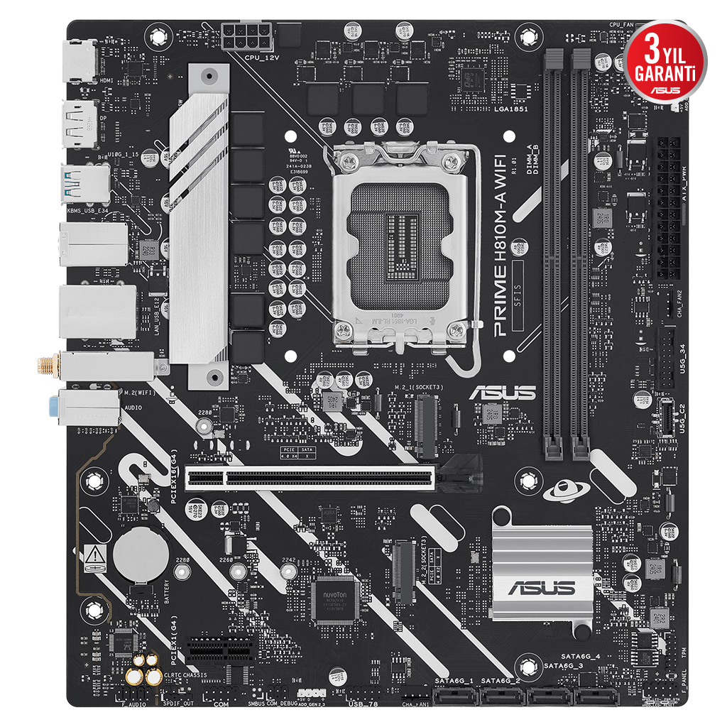 ASUS PRIME H810M-A WIFI, 2xDDR5, 2x M.2, HDMI, DP, Wi-Fi 6, Bluetooth 5.3, Intel Core Ultra CPU(Seri 2), LGA1851 Soket, ATX Anakart