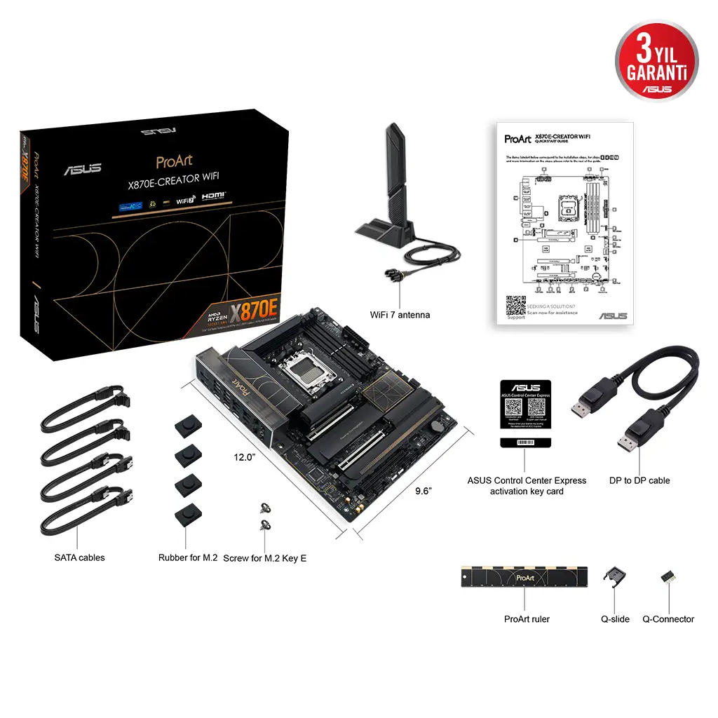 ASUS PROART X870E-CREATOR WIFI, 4xDDR5, 4xM.2, HDMI, DP, Type-C, PCIe 5.0, Wi-Fi 7, Bluetooth v5.4, AM5 Soket GAMING Anakart