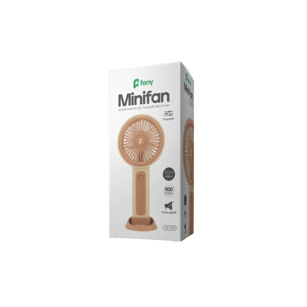 FENY FN-F25, KREM-KAHVE, 3 Kademeli Hız, Elde Kullanım, Dahili 500mAh Bataryalı, Type-C Şarj Girişli, Vantilatör