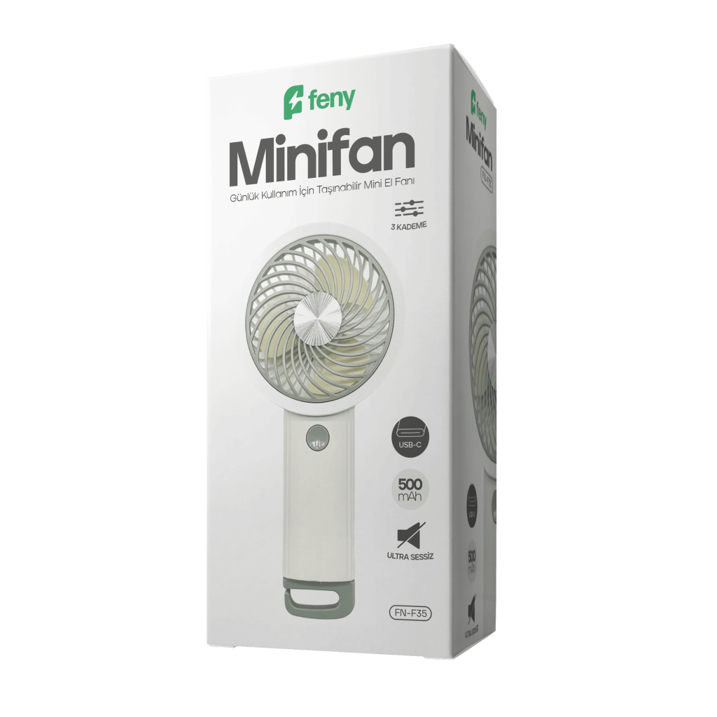 FENY FN-F35, BEYAZ-GRİ, 3 Kademeli Hız, Kancalı, Elde Kullanım, Dahili 500mAh Bataryalı, Type-C Şarj Girişli, Vantilatör