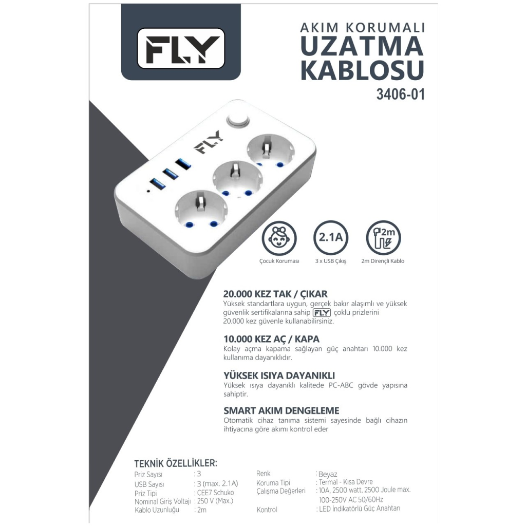 FLY 3406-01, 3 Soket, 3 USB, Akım Korumalı Priz, 2.1A, Anahtarlı, 2Mt Kablo, (Beyaz)