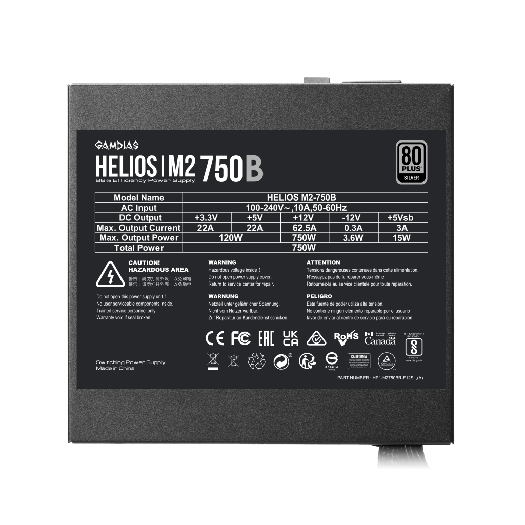 GAMDIAS HELIOS M2-750B, 750W, 80+ Silver, Aktif PFC, GAMING, ATX, Power Supply (PSU)