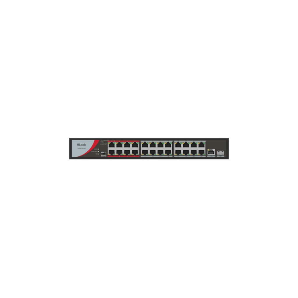 HILOOK NS-0326P-230(B), 24Port, Megabit, PoE 230W, 1 Port GigaBit Lan, 1 Port GigaBit SFP, Long Range 250Metre, Yönetilemez, Masaüstü Switch