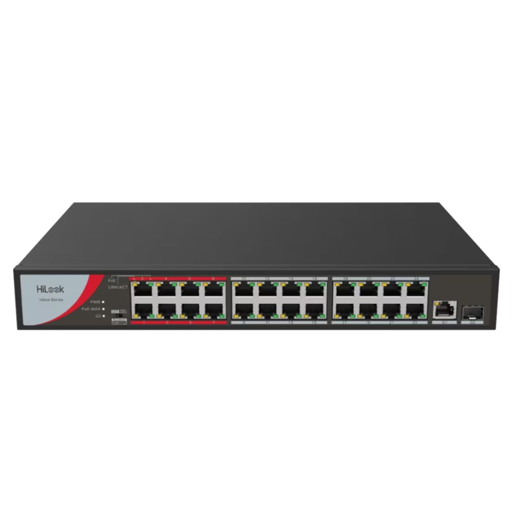 HILOOK NS-0326P-230(B), 24Port, Megabit, PoE 230W, 1 Port GigaBit Lan, 1 Port GigaBit SFP, Long Range 250Metre, Yönetilemez, Masaüstü Switch