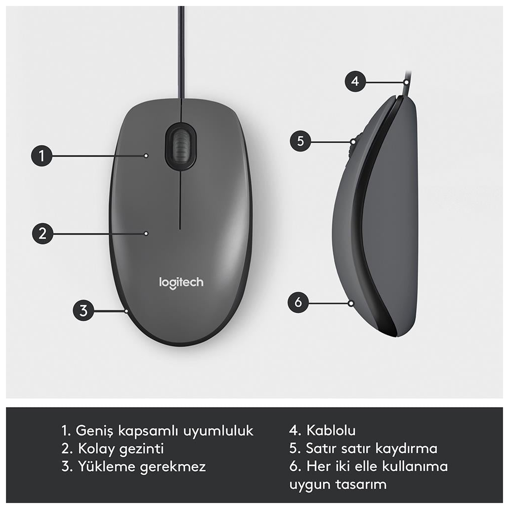 LOGITECH 910-006652, M100 Siyah, USB Kablolu, 1000dpi, Optik, 3 Tuşlu, Mouse