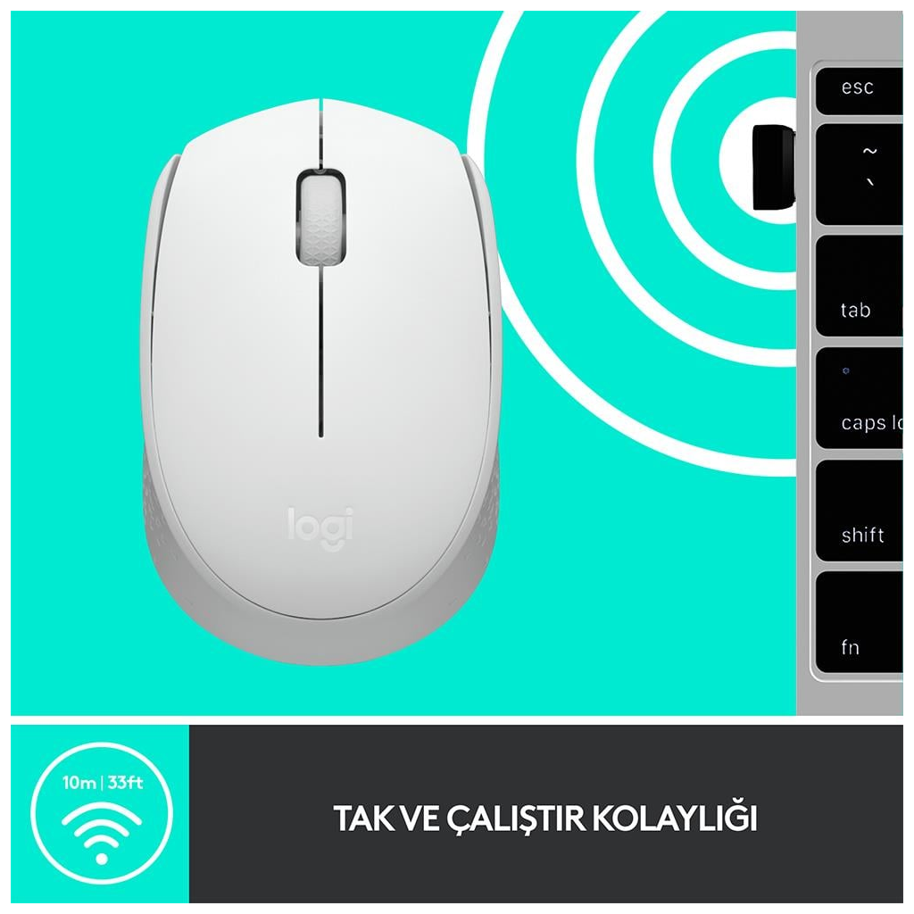 LOGITECH 910-006867, M171 White, USB Nano 2,4G Kablosuz, 1000dpi, Optik, 3 Tuşlu, 12ay Pil Ömrü, Mouse