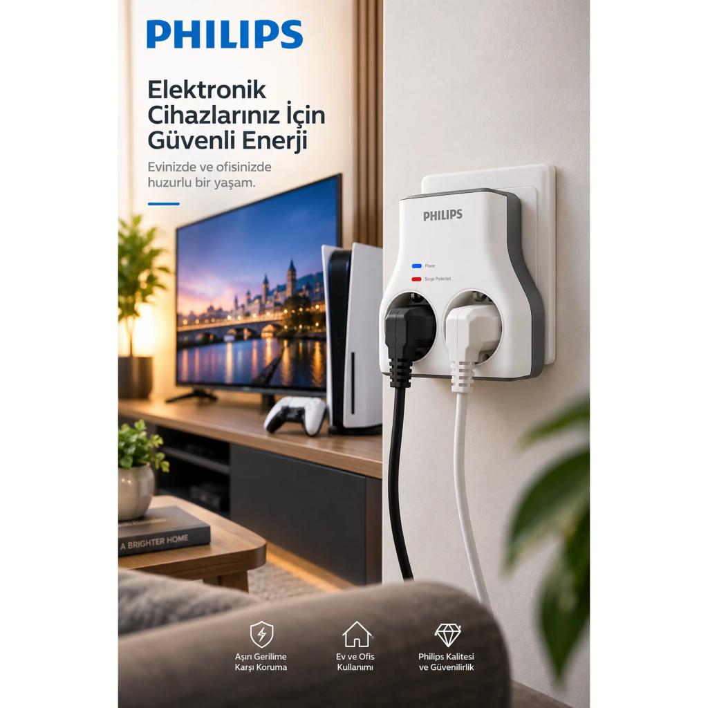 PHILIPS CHP7022W/62, 2li, Akım Korumalı Priz, 1140 Joules, (Beyaz)