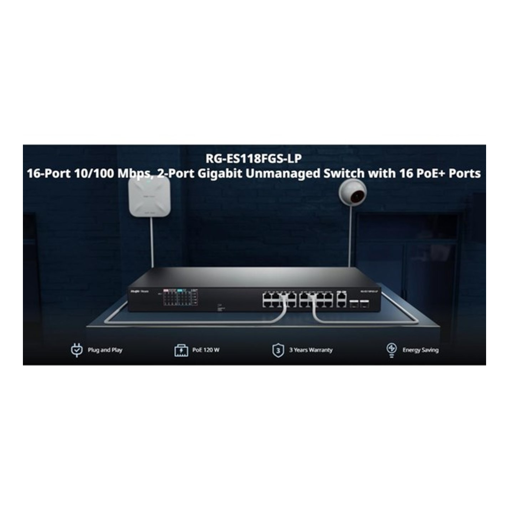 RUIJIE REYEE RG-ES118FGS-LP  18 Port, 16 Port  Megabit PoE, 120W, 2 Port Gigabit  COMBO,  Switch  Metal Kasa
