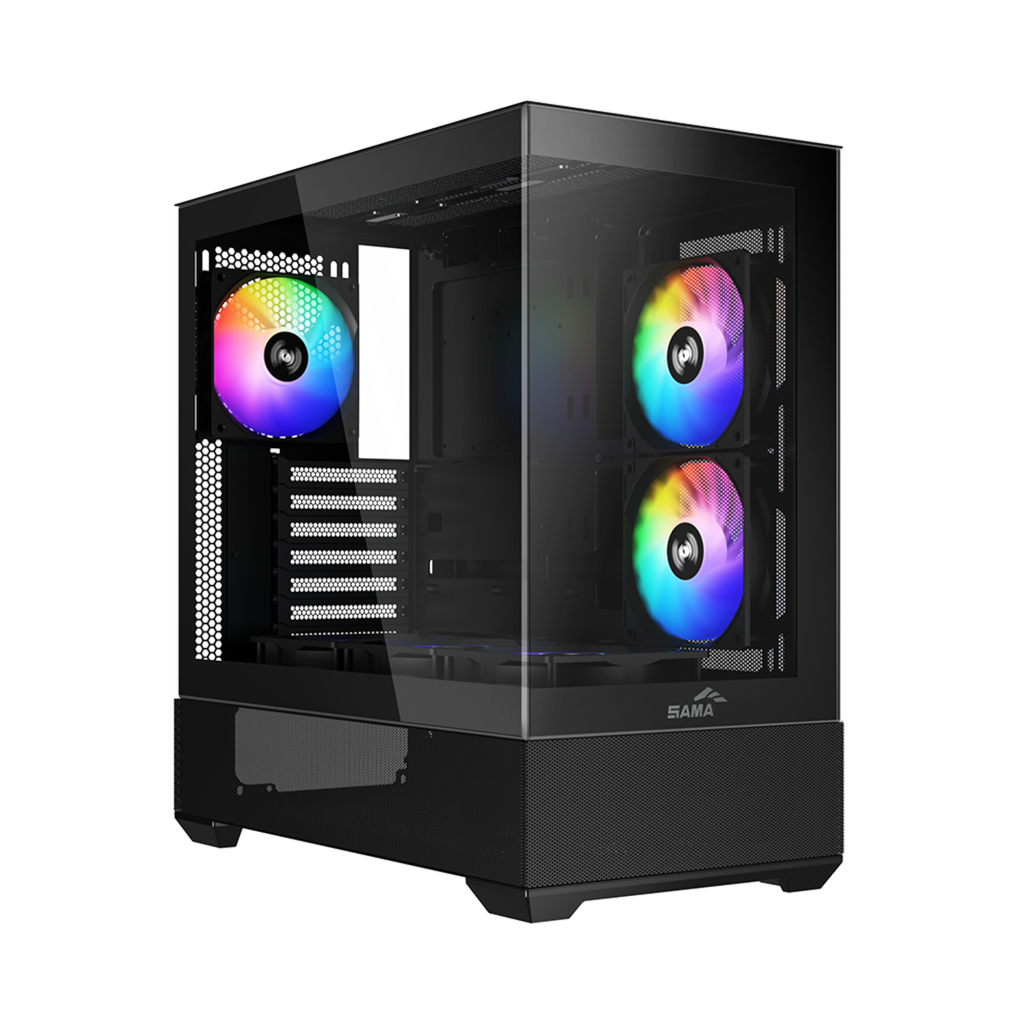 SAMA V40BK Black, B750BK 750W, 80+ Bronze, PCIE 5.1, ATX3.1, Tempered Glass Panel, Panoramic Tasarım, Type-C, 6x120mm ARGB Fan, ATX, GAMING KASA