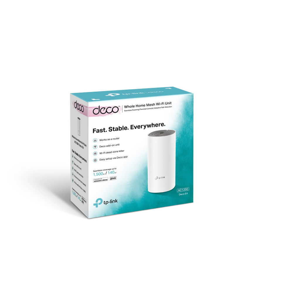 TP-LINK DECO-E4, AC1200, Tekli Mesh, 1200Mbps, Dual Band, 2Port Megabit Lan, 140m2 Çekim Alanı, Router, Geniş Alan İnternet Ağı Sağlayıcısı