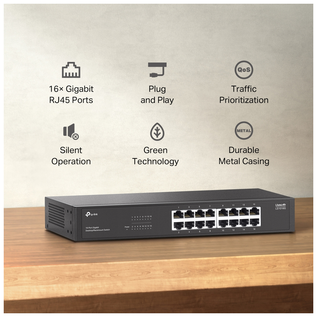 TP-LINK LS1016G, Green Tech, 16 Port GigaBit, Yönetilemez, Metal Kasa, Masaüstü Switch