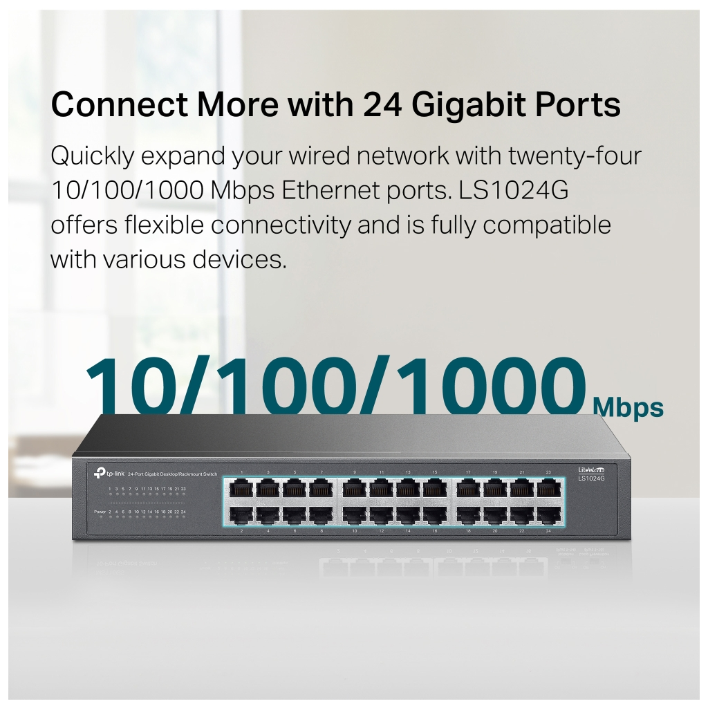 TP-LINK LS1024G, Green Tech, 24 Port GigaBit, Yönetilemez, Metal Kasa, Masaüstü Switch