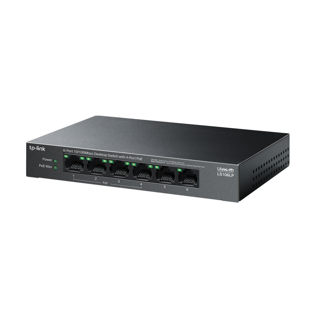 TP-LINK LS106LP, Green Tech, 6 Port, MegaBit, 4 Port PoE 41W, Metal Kasa, Yönetilemez, Masaüstü Switch
