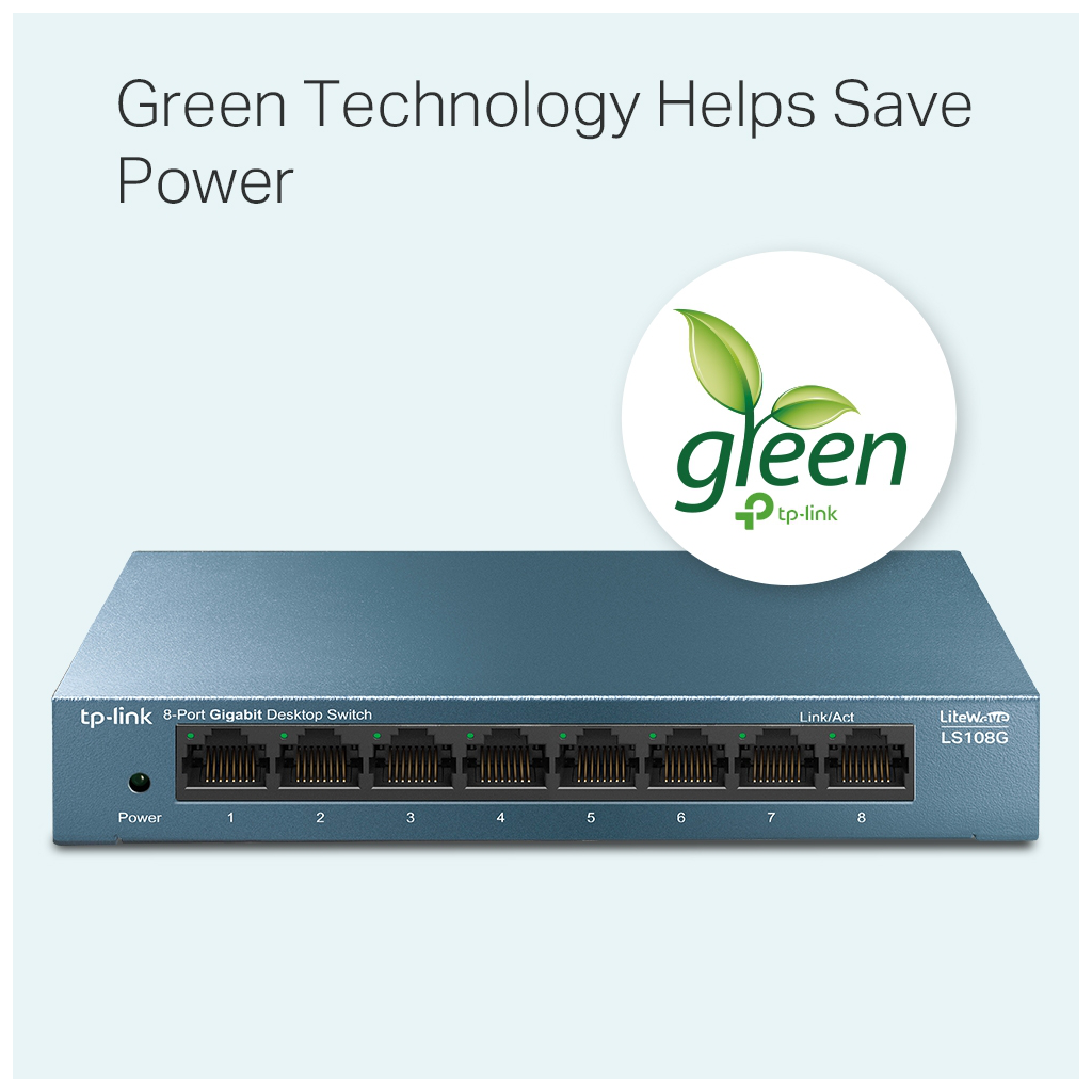TP-LINK LS108G, Green Tech, 8 Port GigaBit, Yönetilemez, Metal Kasa, Masaüstü Switch