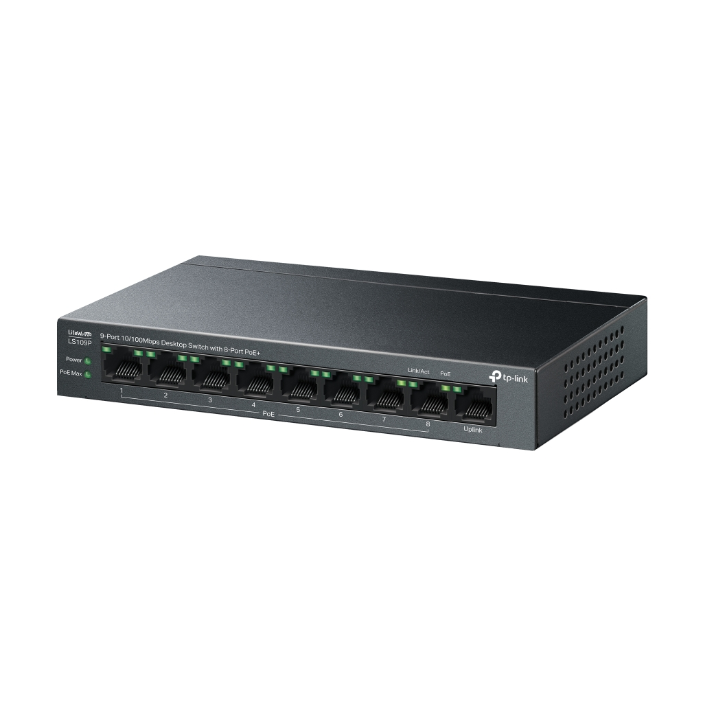TP-LINK LS109P, Green Tech, 8 Port MegaBit, POE 63W, 1 Port Uplink, Long Range 250Mt, Yönetilemez, Metal Kasalı Switch