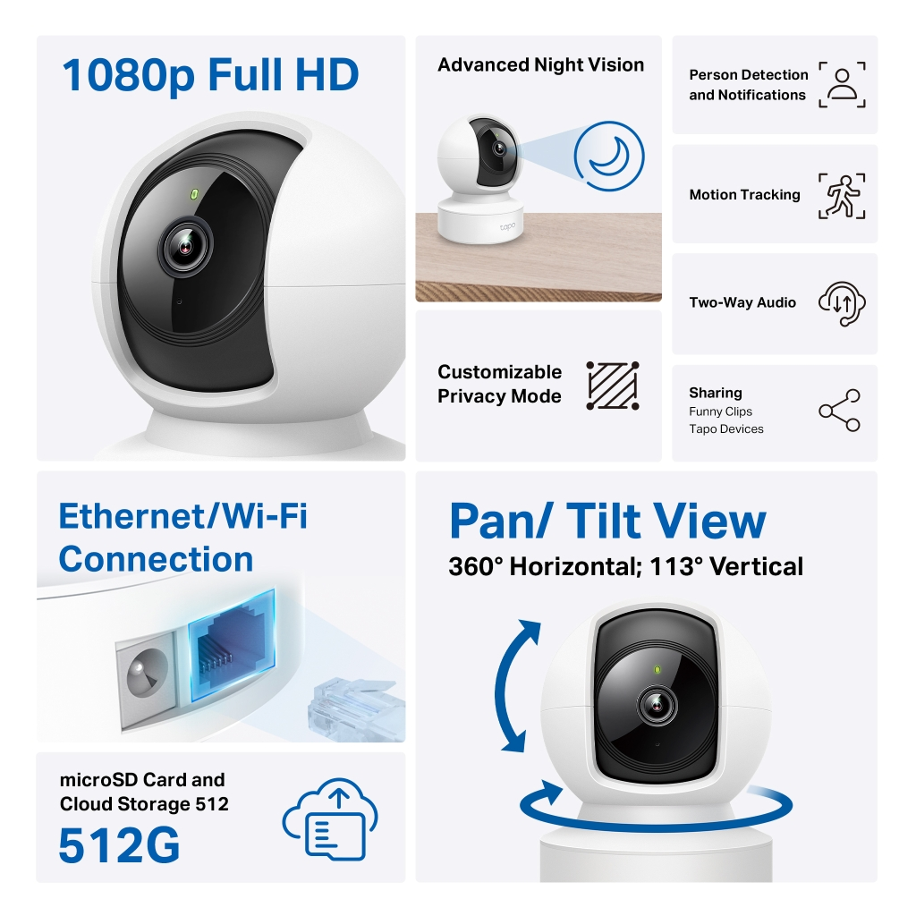 TP-LINK Tapo C202, Bebek/Ev Güvenlik Kamerası, WiFi-Ehernet, 1080P, 12Mt Gece Görüşü, PAN/TILT, iki Yönlü Ses