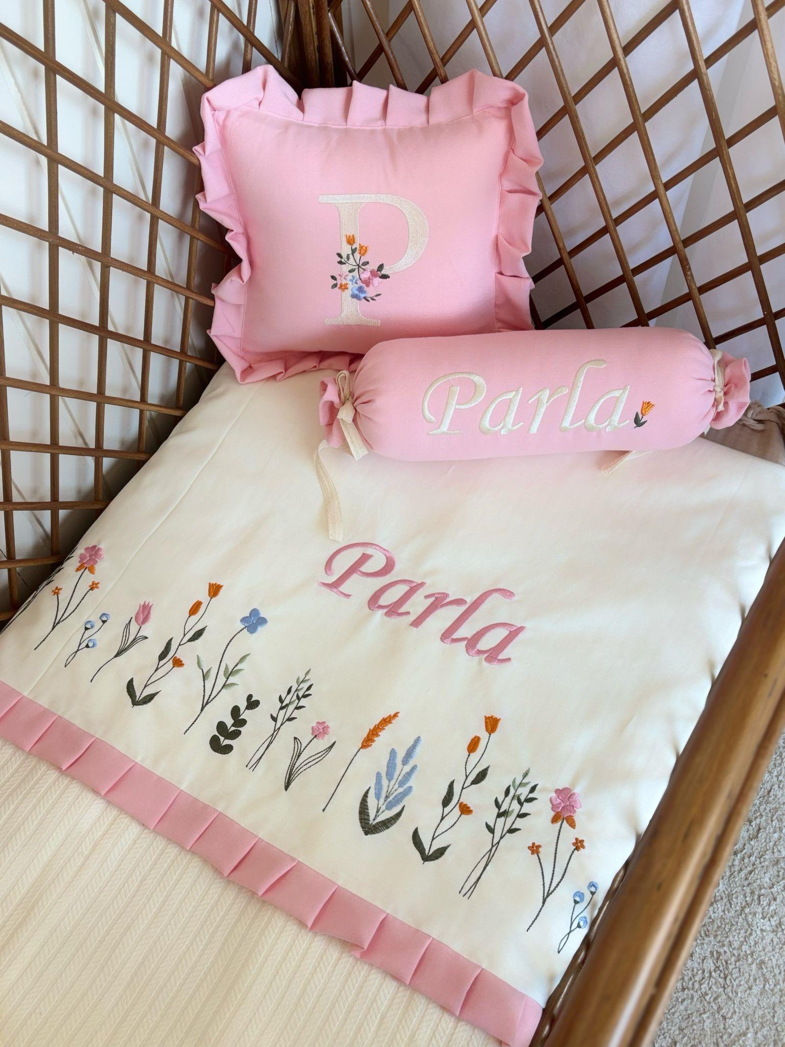 PİKE TAKIMI ÇITIR ÇİÇEK EKRU-CANLI PEMBE