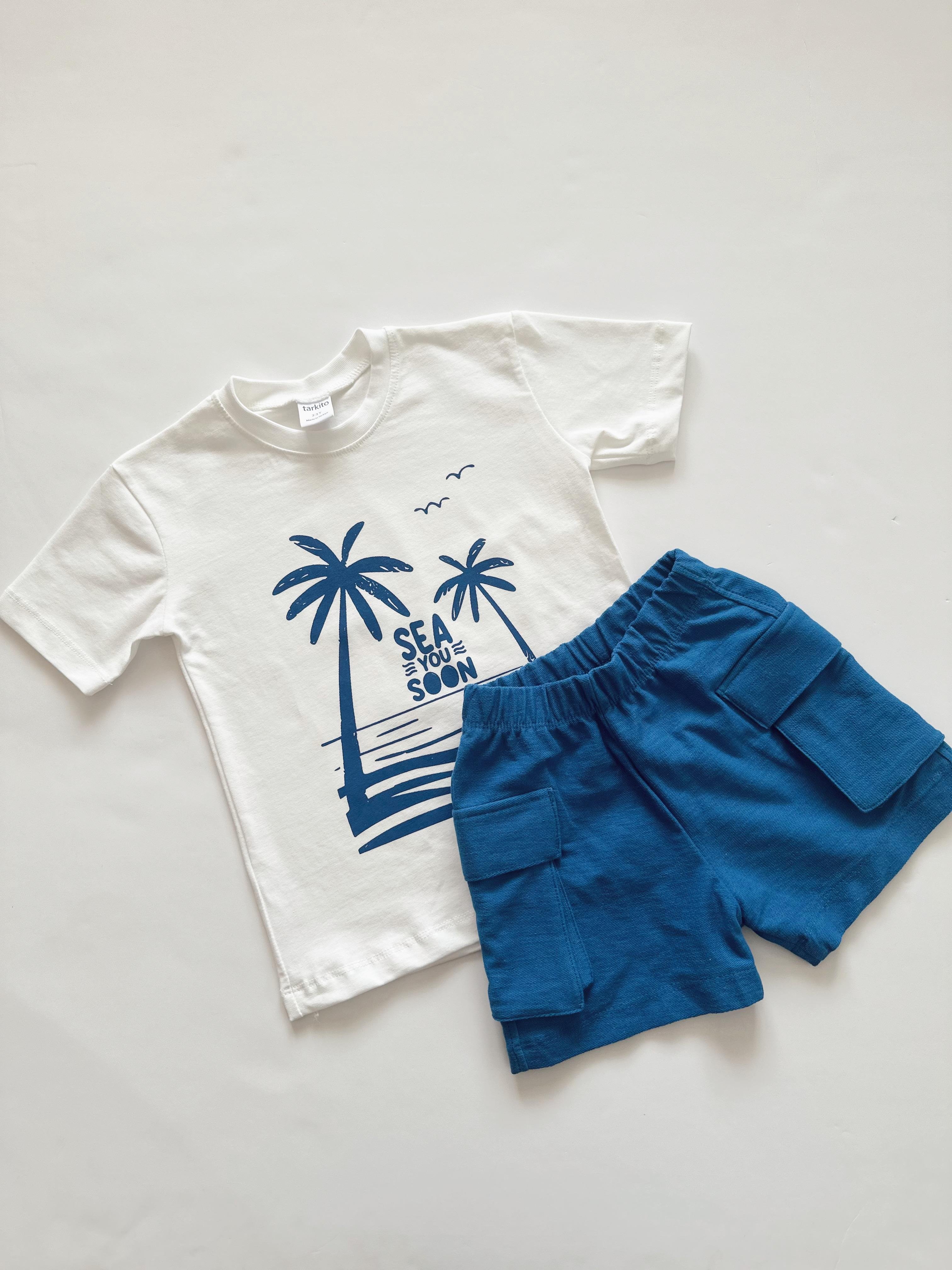 Kargo Bermuda Şort Baskılı Tshirt Seti Erkek Bebek Çocuk