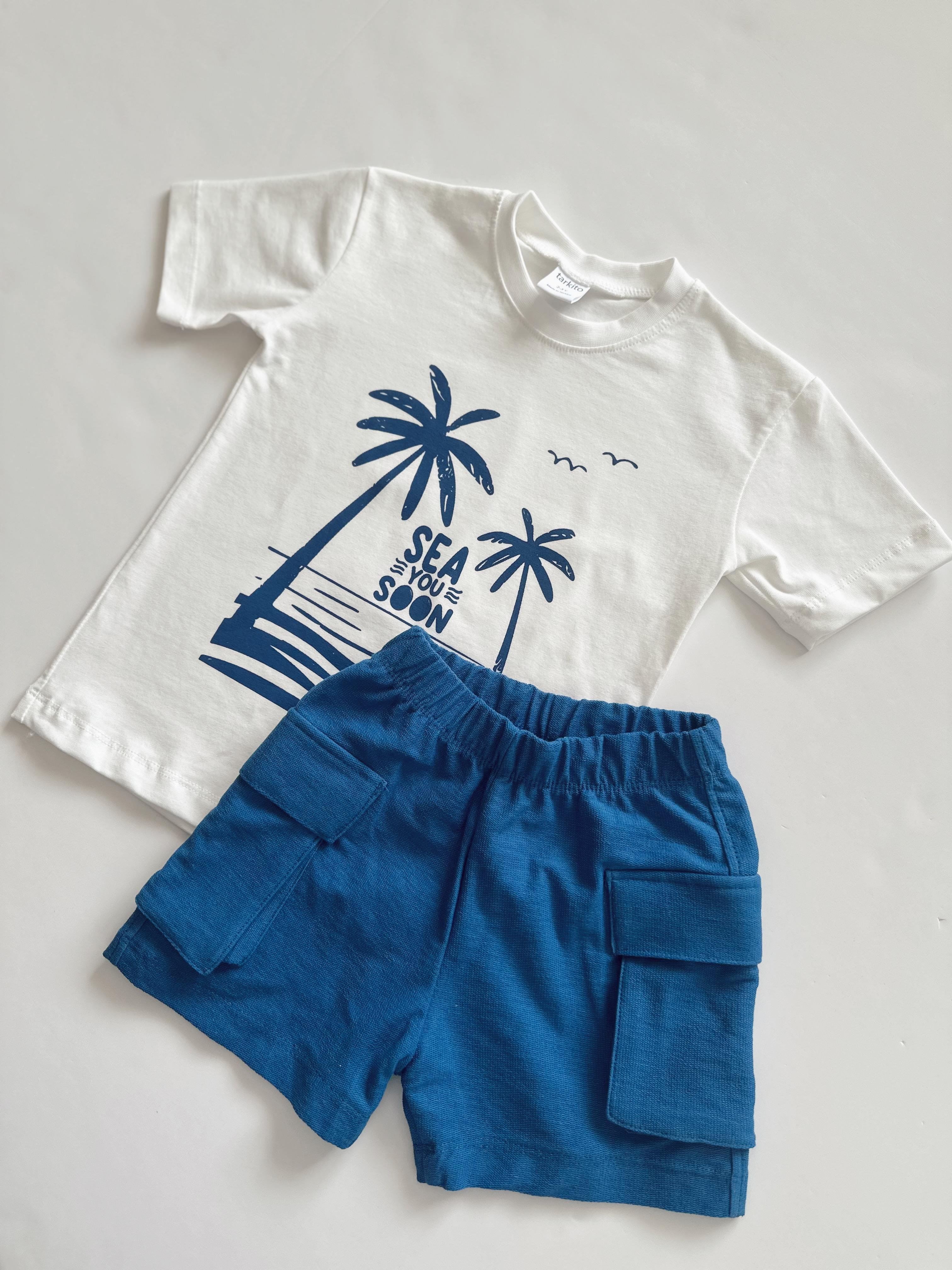 Kargo Bermuda Şort Baskılı Tshirt Seti Erkek Bebek Çocuk