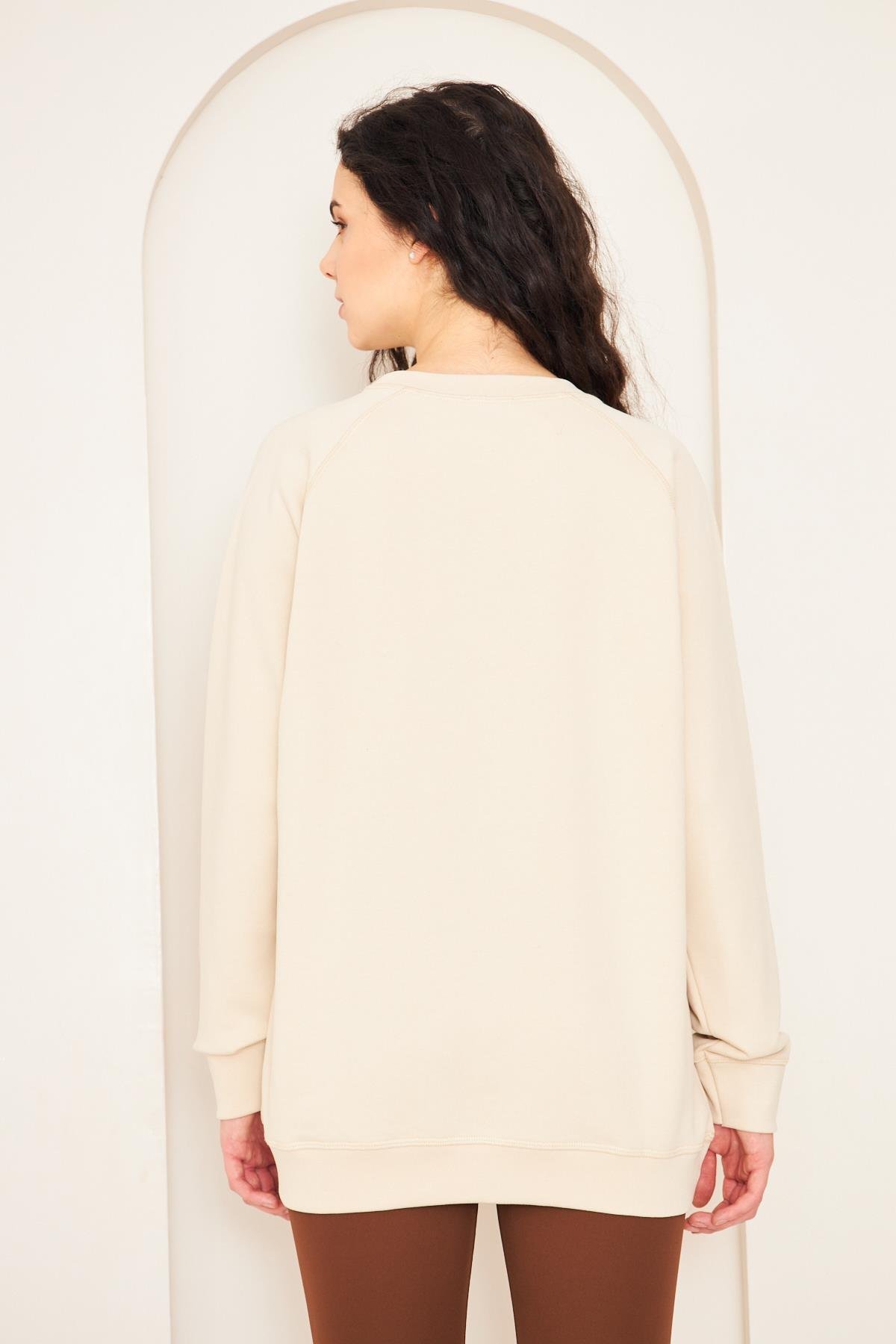 Camenta Bej Keep Going Baskılı Oversize Kadın Sweatshirt