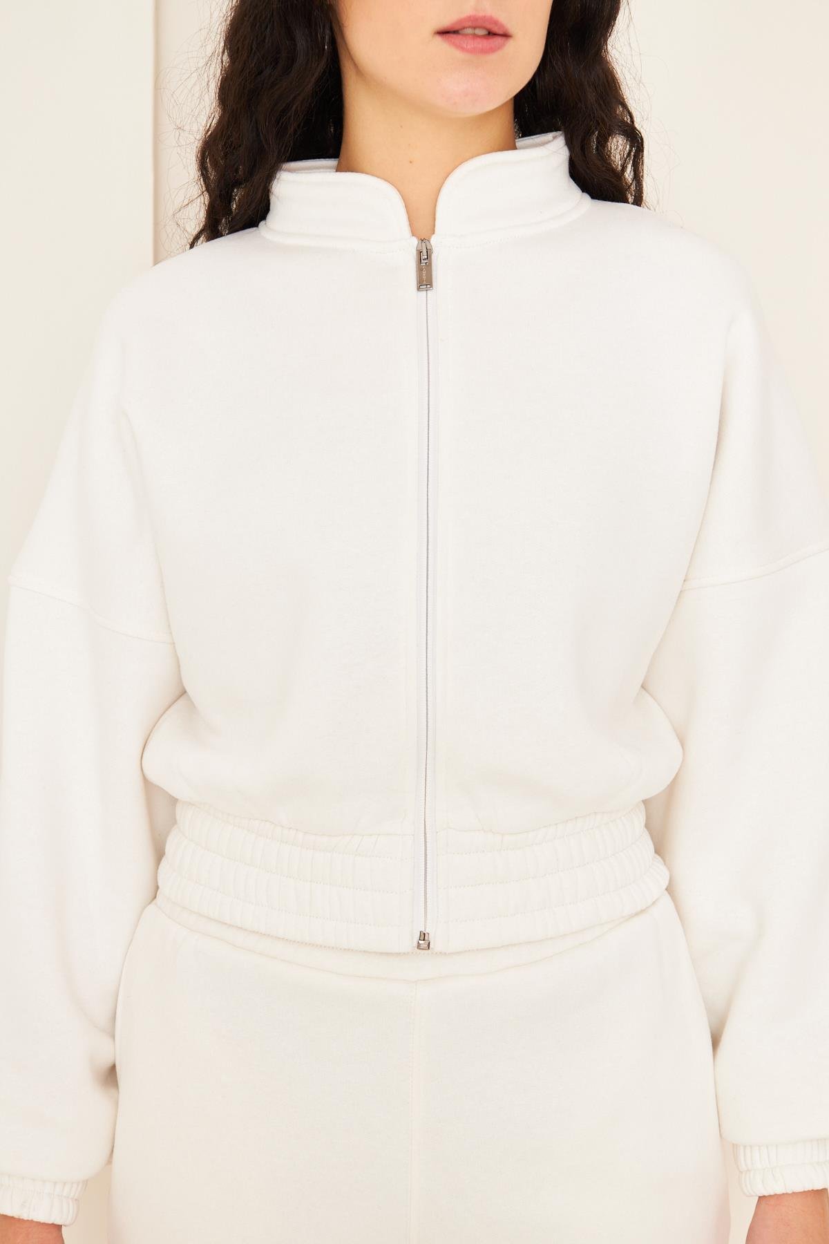 Camenta Beyaz Ceketli Alt-Üst 3 İplik Şardonlu Kadın Eşofman Takımı