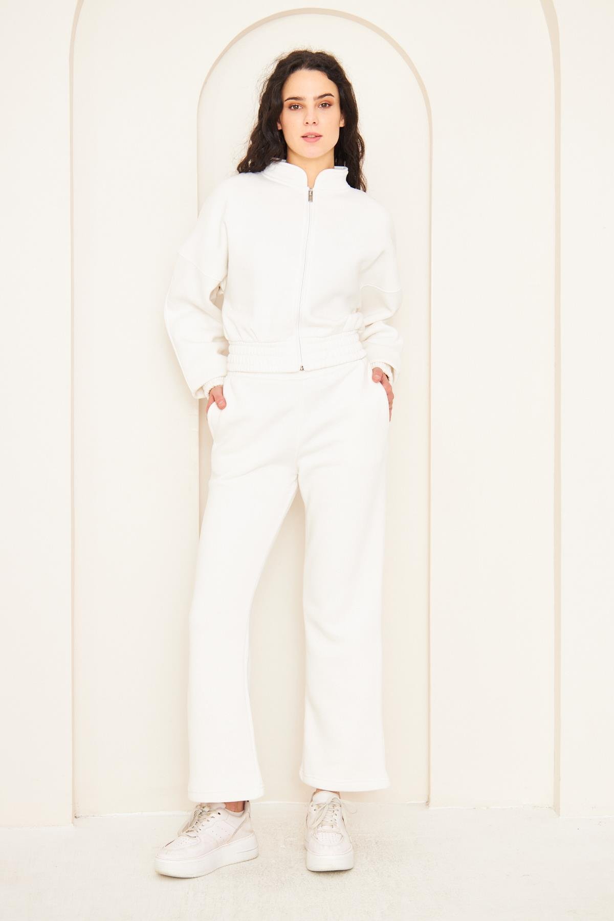 Camenta Beyaz Ceketli Alt-Üst 3 İplik Şardonlu Kadın Eşofman Takımı