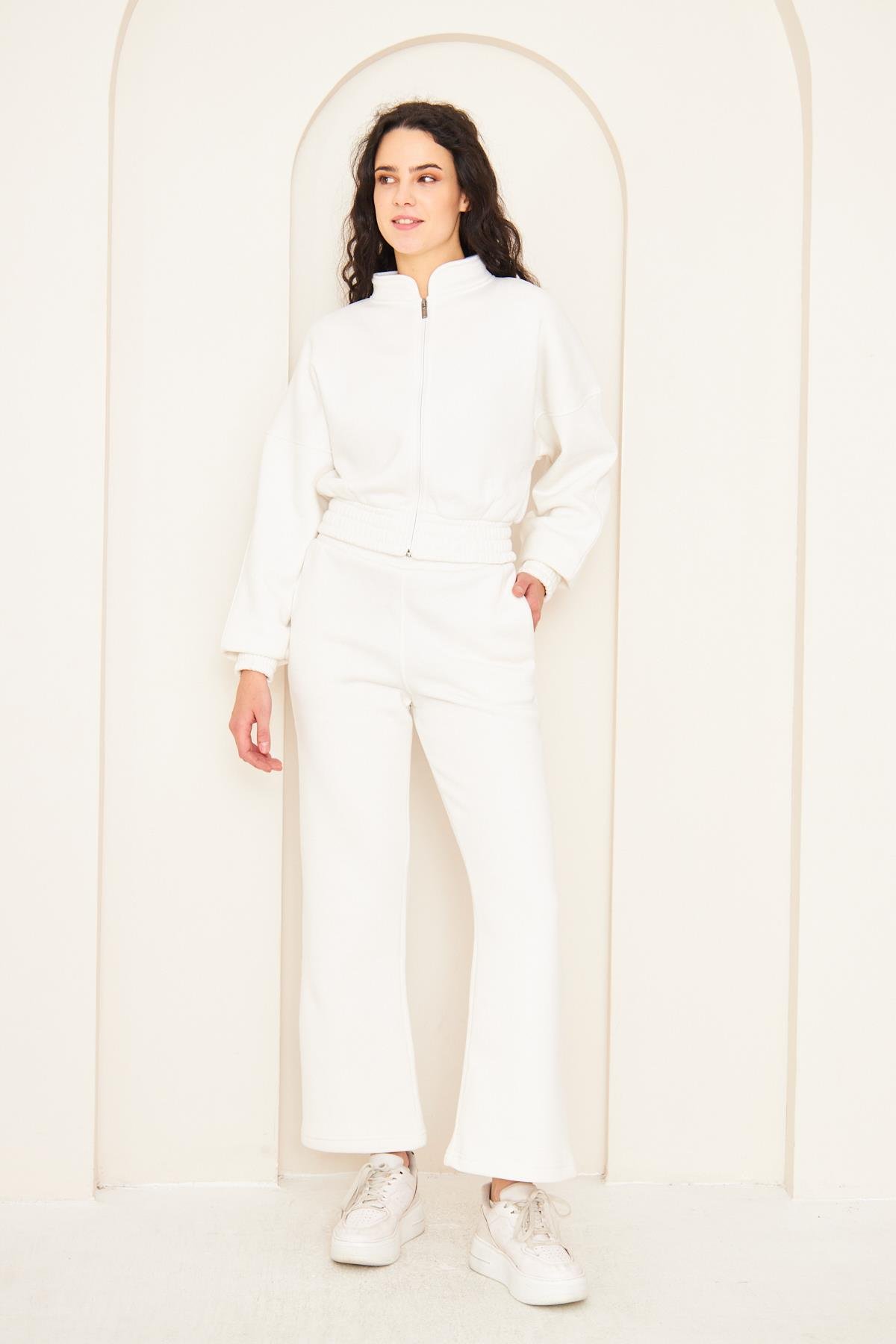 Camenta Beyaz Ceketli Alt-Üst 3 İplik Şardonlu Kadın Eşofman Takımı