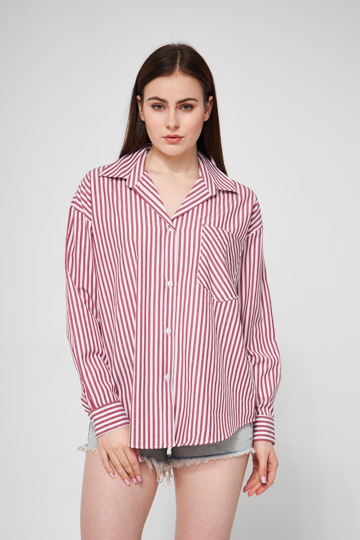 Camenta Bordo Beyaz Çizgili Poplin Gömlek