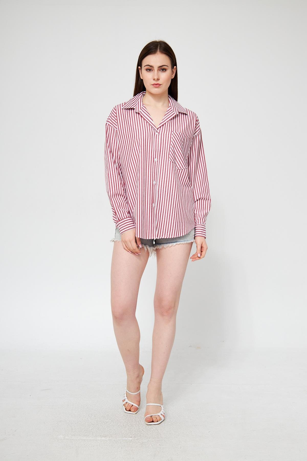 Camenta Bordo Beyaz Çizgili Poplin Gömlek