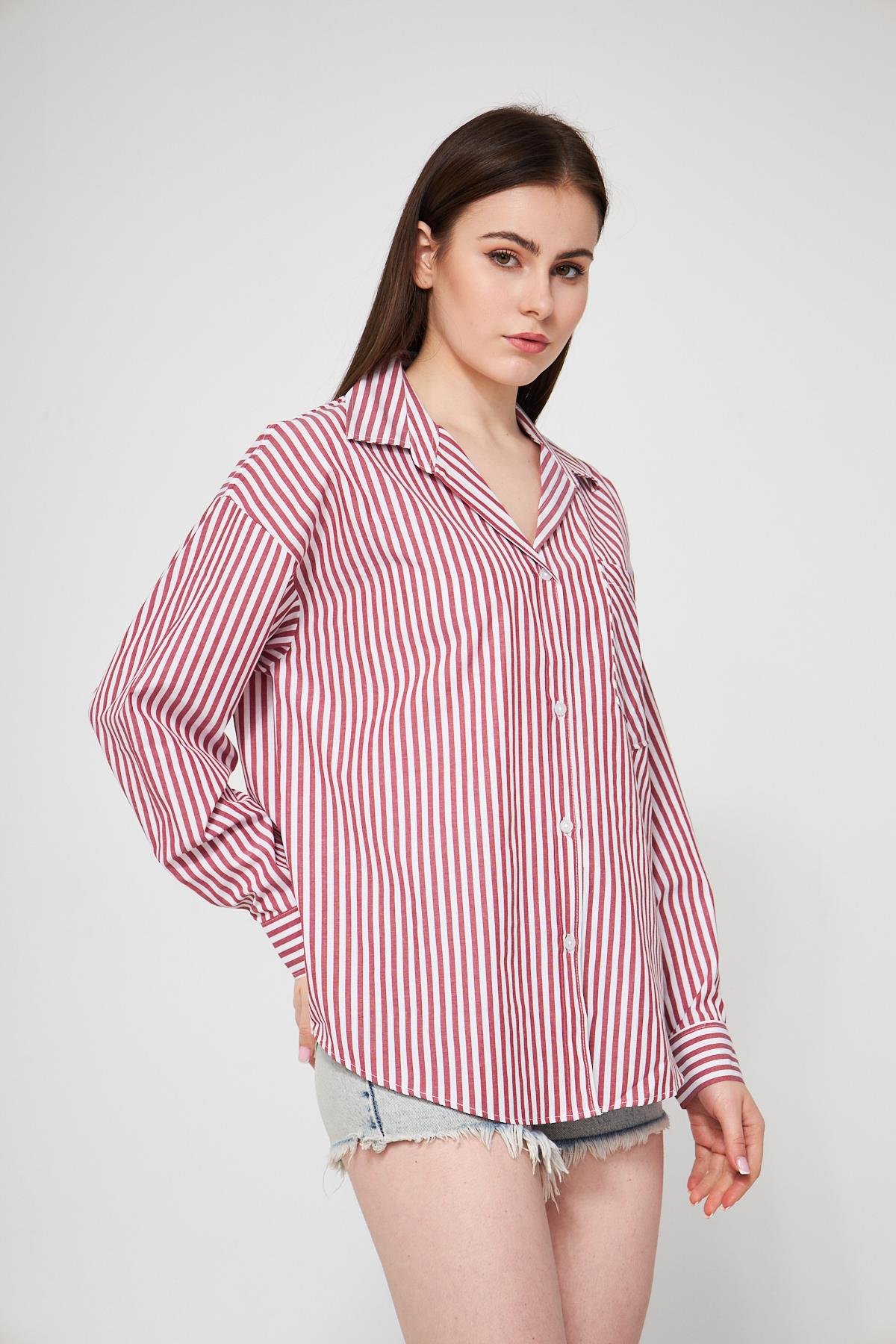 Camenta Bordo Beyaz Çizgili Poplin Gömlek
