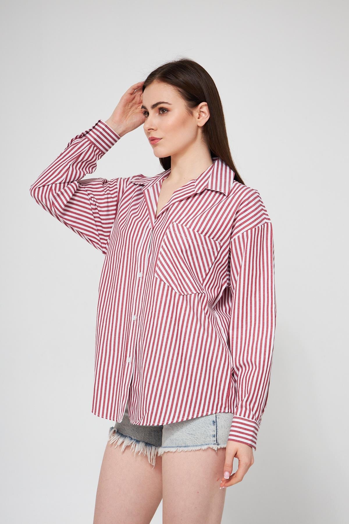 Camenta Bordo Beyaz Çizgili Poplin Gömlek