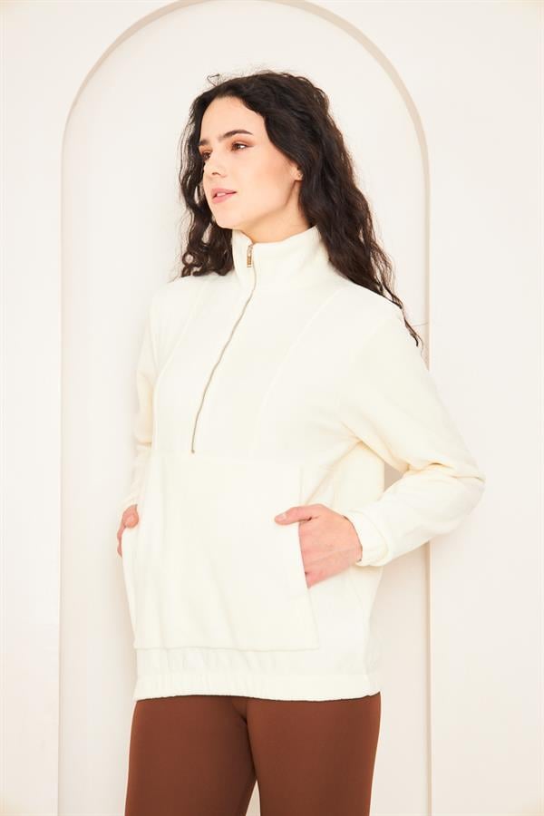 Camenta Ekru Kadın Kangru Cepli Polar Sweatshirt