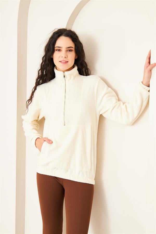 Camenta Ekru Kadın Kangru Cepli Polar Sweatshirt