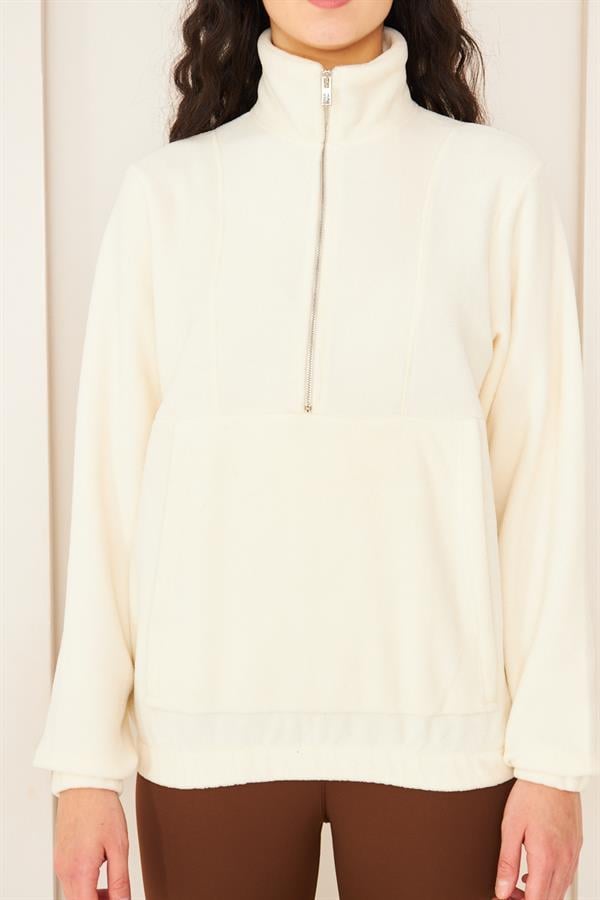 Camenta Ekru Kadın Kangru Cepli Polar Sweatshirt