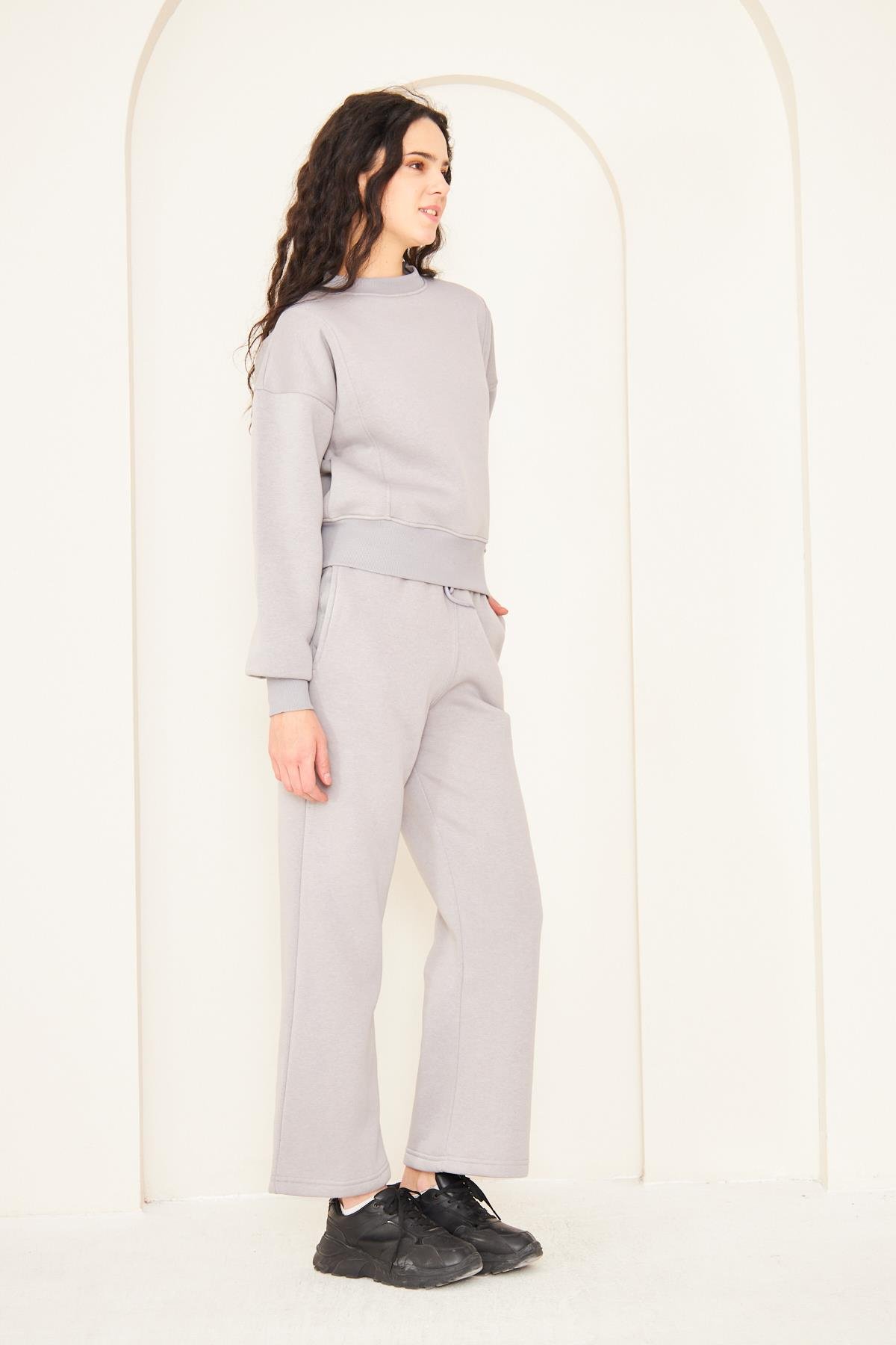 Camenta Gri Bisiklet Yaka 3 İplik Şardonlu Kadın Eşofman Takımı