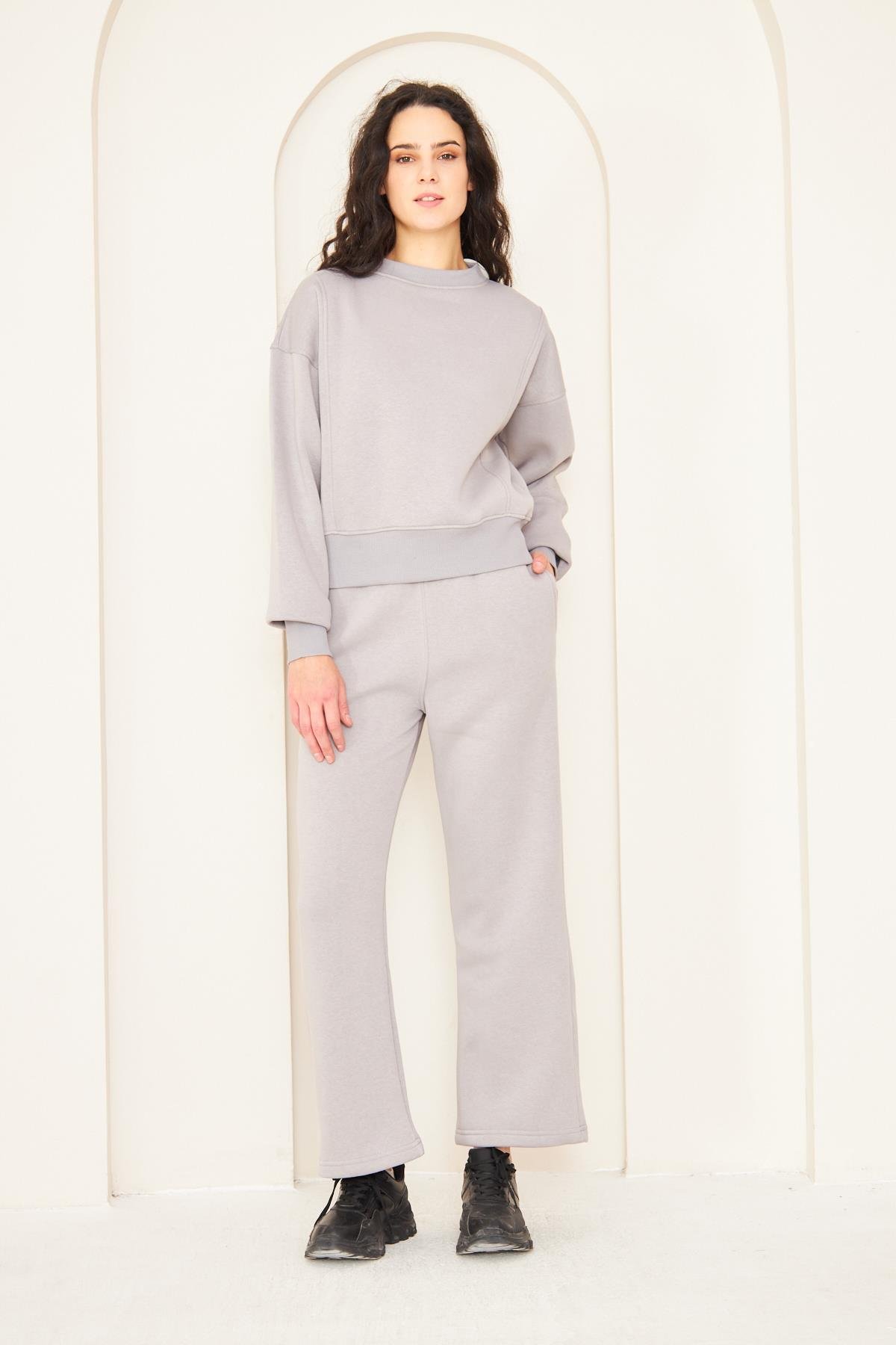 Camenta Gri Bisiklet Yaka 3 İplik Şardonlu Kadın Eşofman Takımı