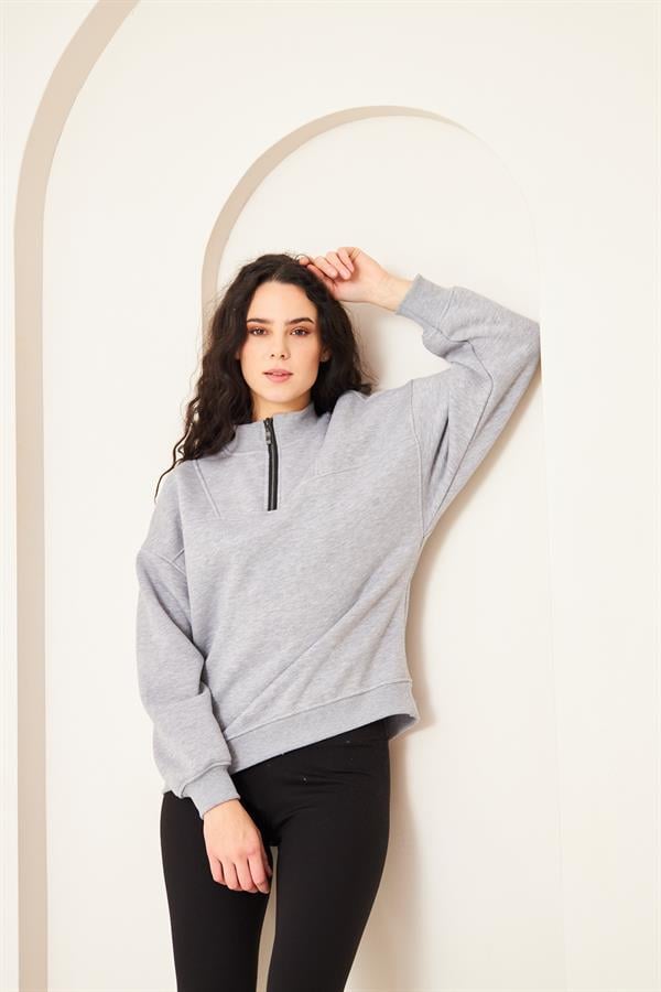 Camenta Gri Dik Yaka Fermuarlı Kadın Sweatshirt