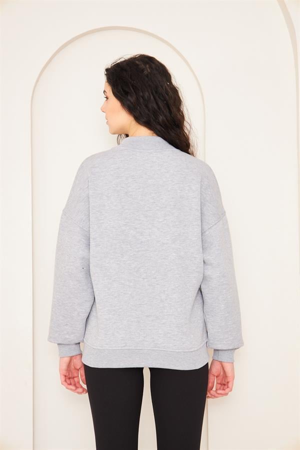 Camenta Gri Dik Yaka Fermuarlı Kadın Sweatshirt