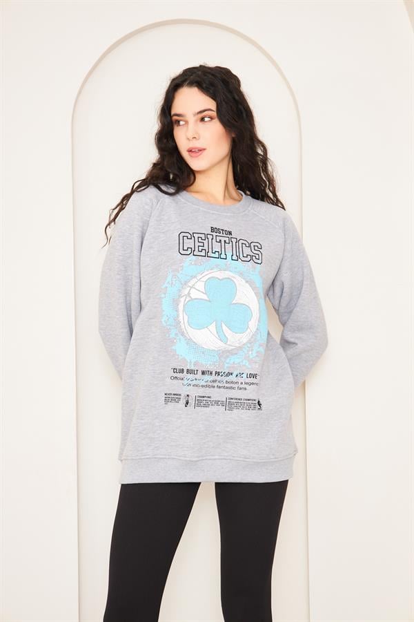 Camenta Gri Oversize Baskılı Kadın Sweatshirt