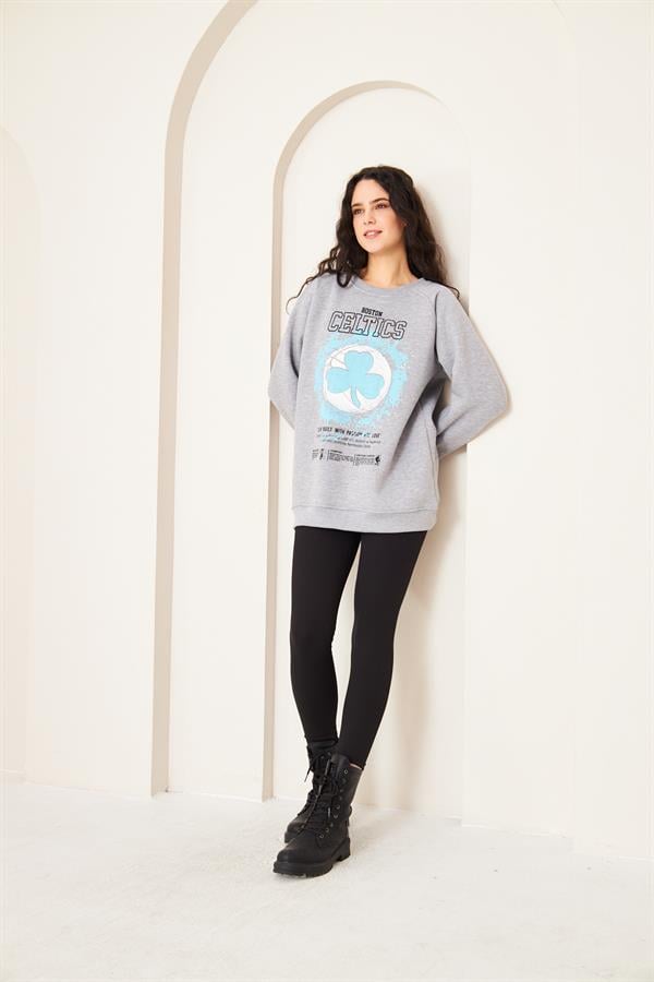Camenta Gri Oversize Baskılı Kadın Sweatshirt