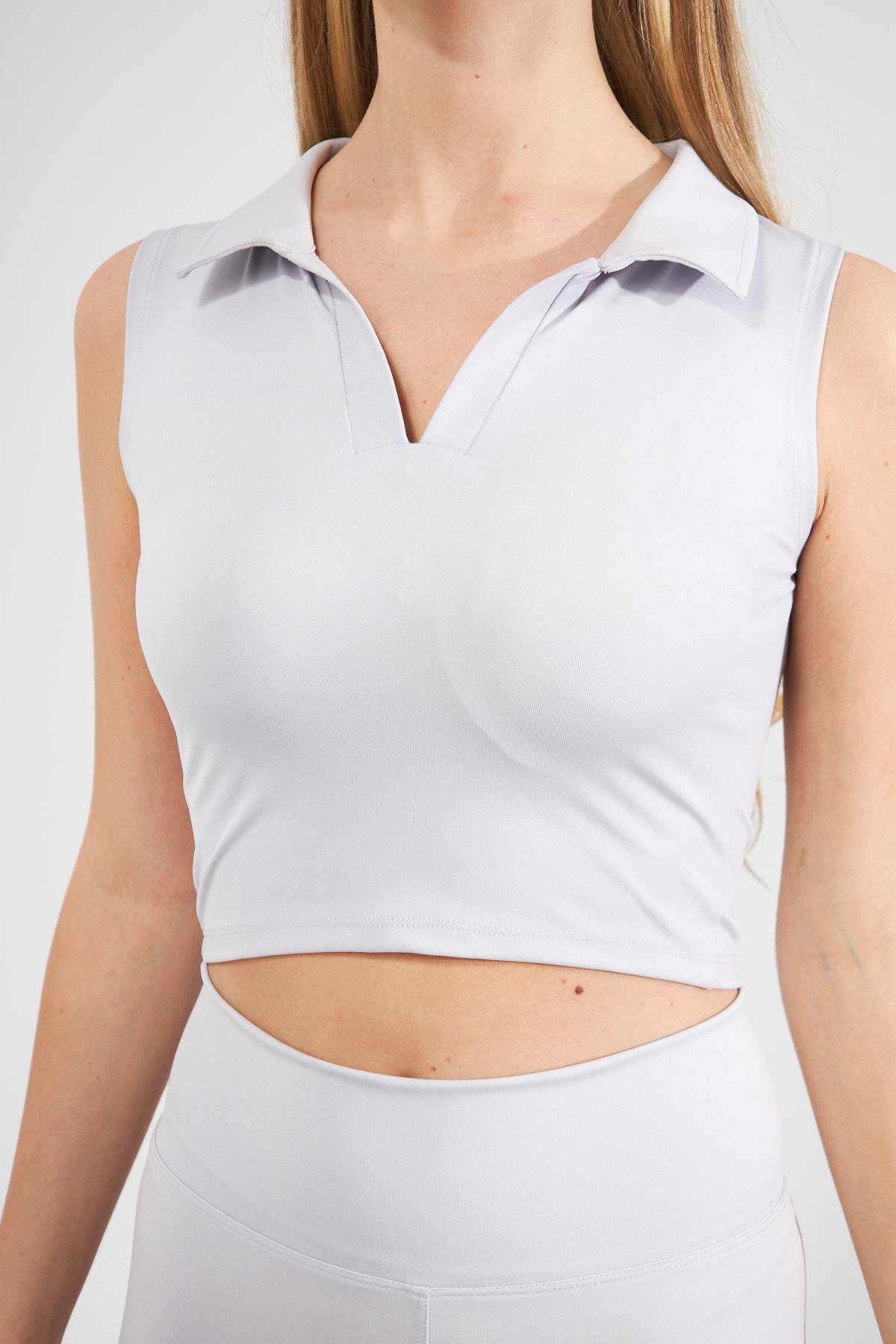 Camenta Gri Polo Yaka Sıfır Kol Spor Crop Top 