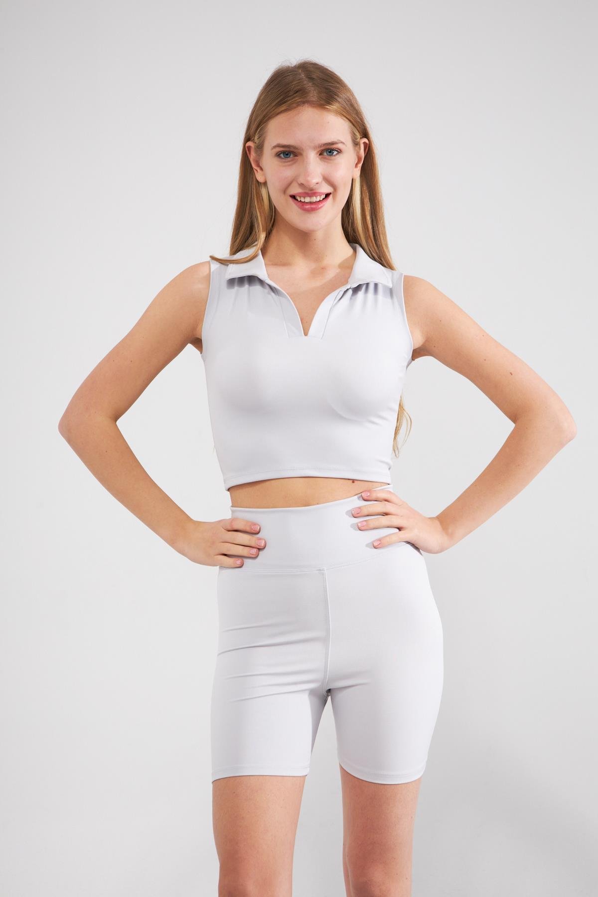 Camenta Gri Polo Yaka Sıfır Kol Spor Crop Top 