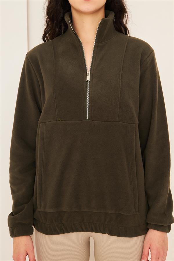 Camenta Haki Kadın Kangru Cepli Polar Sweatshirt