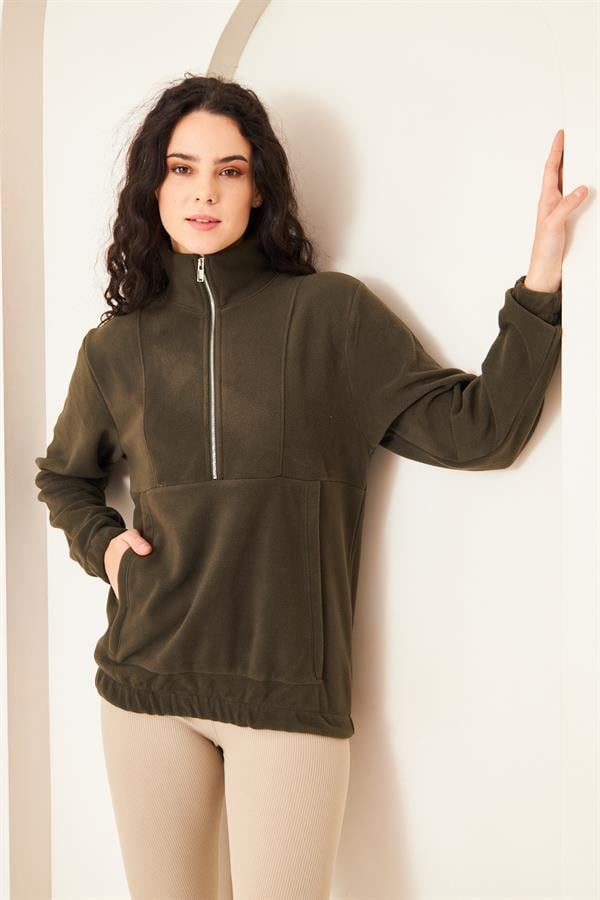 Camenta Haki Kadın Kangru Cepli Polar Sweatshirt